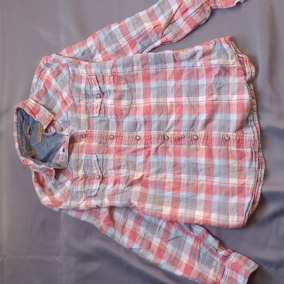 JACHS Girlfriend Tops - JACHS Girlfriend Pearl Snap Shirt Womens Small Salmon Gray Plaid Western Flannel